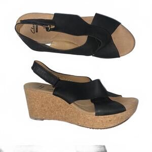 Clarks Black Cork Wedge Sandals Size 10 Women Soft Cushion Leather Comfort Shoe